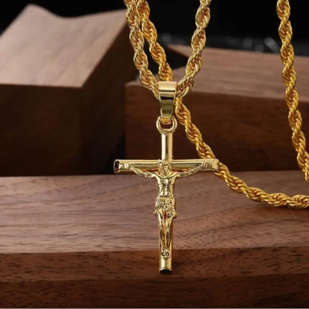22” 18K Gold Plated Crucifix Cross Pendant Necklace Rope Chain Unisex Religious